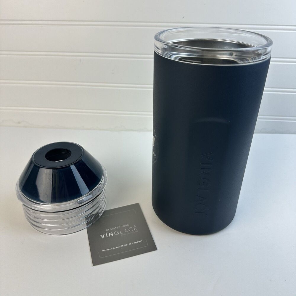 Vinglace Wine Champagne Bottle Chiller 2 Lids Navy Blue Engraved Logo Cooler